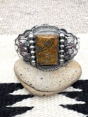 Navajo Native American Fred Harvey Style Sterling Silver Brown Stone Cuff 6 7/8